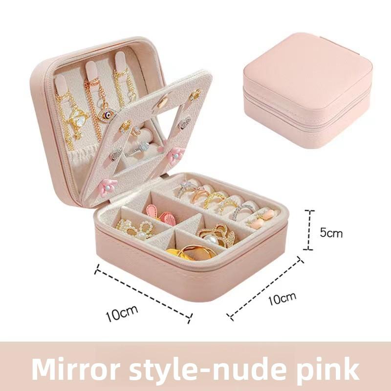 

Jewelry storage box with mirror, pu leather jewelry box, simple portable earring necklace organizer nude powder; mirror style 10*10*5