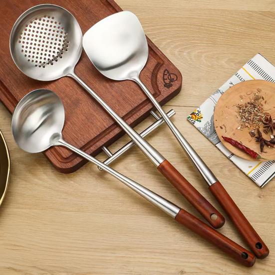Stainless Steel Ladle Strainer Scoop with Wooden Handle Frying Skimmer Kitchen Spatula Cooking Utensil for Noodles Pasta Vegetable