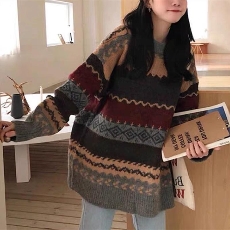 Round Neck Pullover Sweater for Women Autumn and Winter Loose Long Sleeved Knitted Sweater Jacket