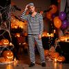 Adult Jail Clothes Prisoner Costume for Adult Women Striped Mini Dress Men Top with Hat Pants Halloween Dress-Up Inmate Uniform & Cuffs Comfortable