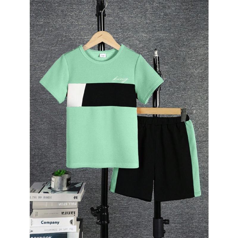 Summer Fashion Trend Youth Casual Wear, Crewneck Short-sleeved T-shirt & Sports Shorts Three-color Patchwork Two-piece Set