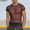 Men Short Sleeve Mesh Sheer Print Party Club T-shirts Tee