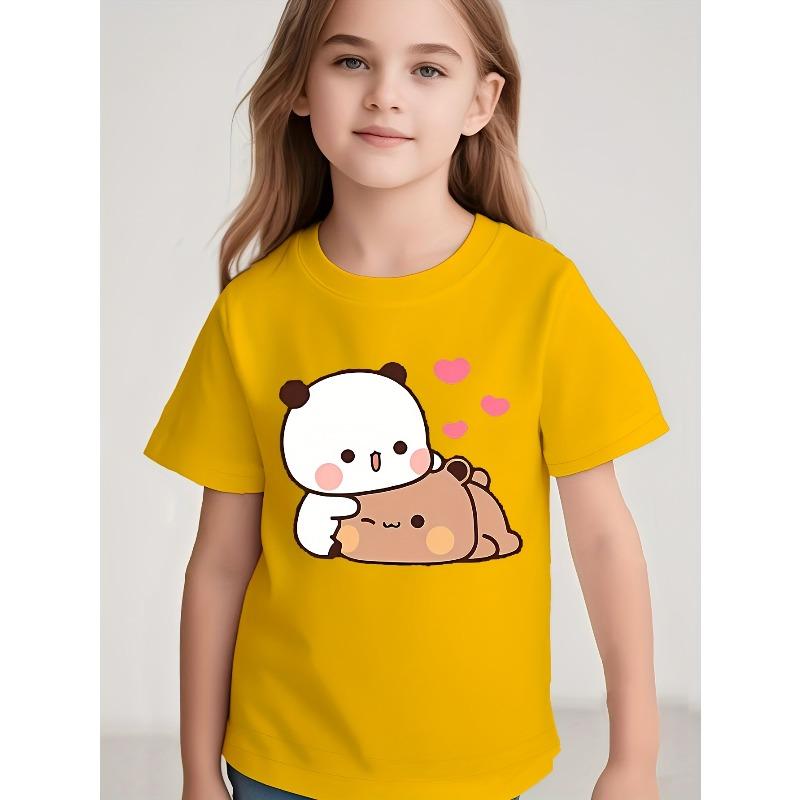 European Sizes Girls' Bright Yellow Cute Panda & Teddy Bear Graphic T-Shirt Everyday & Party Wear - Spring/Summer Outfits for Kids