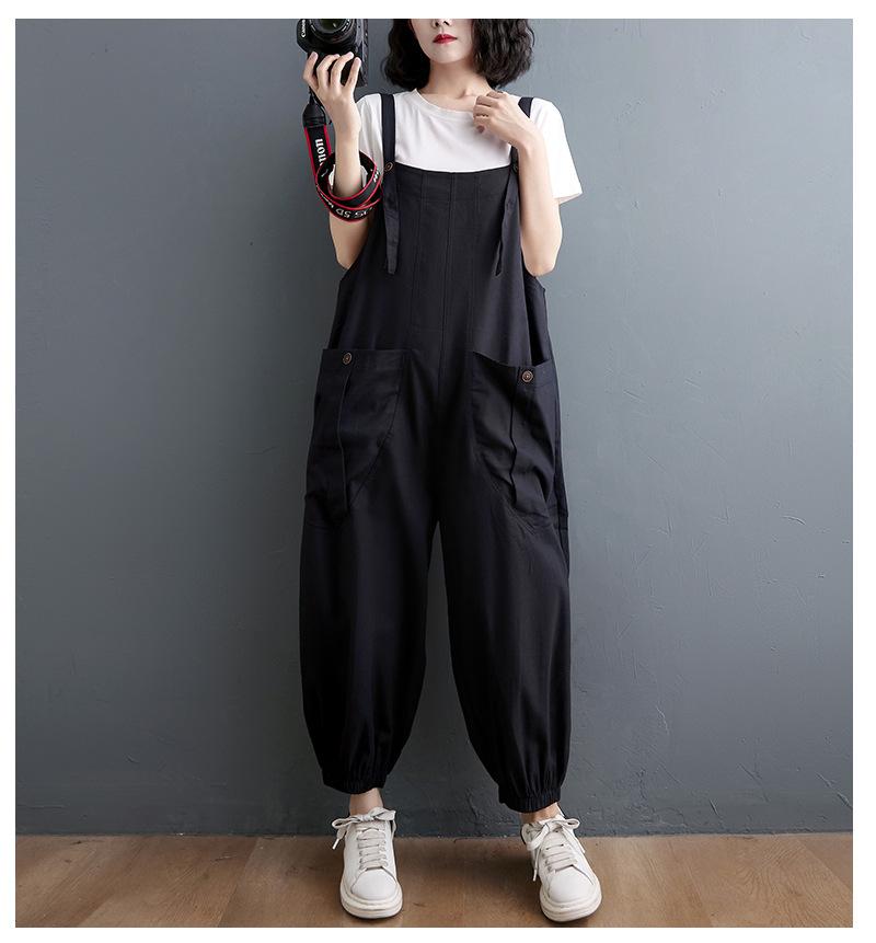 

Свободные литературные и художественные универсальные повседневные комбинезоны большого размера для женщин, летние однотонные шаровары с большими карманами S