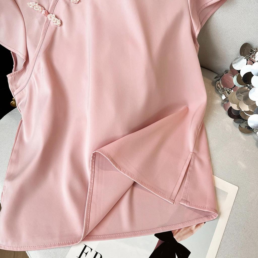 Pink stand-up collar button-down short-sleeved shirt women's summer new design niche top