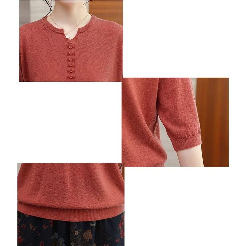 Korean Fashion Women Big Size Knit T-Shirt Female Clothing Spring Summer 3/4 Sleeve Pullover Tees Loose Casual Solid Vintage