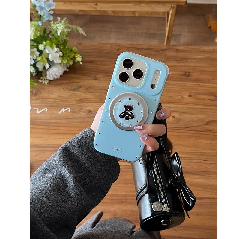 Rhinestone Teddy Bear Mirror Magnetic Stand Case for iPhone 17, 16 Pro Max, 15, 14. iPhone 15 Pro