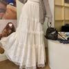Women's Balletcore White Layered Tulle Midi Skirt with Lace Trim