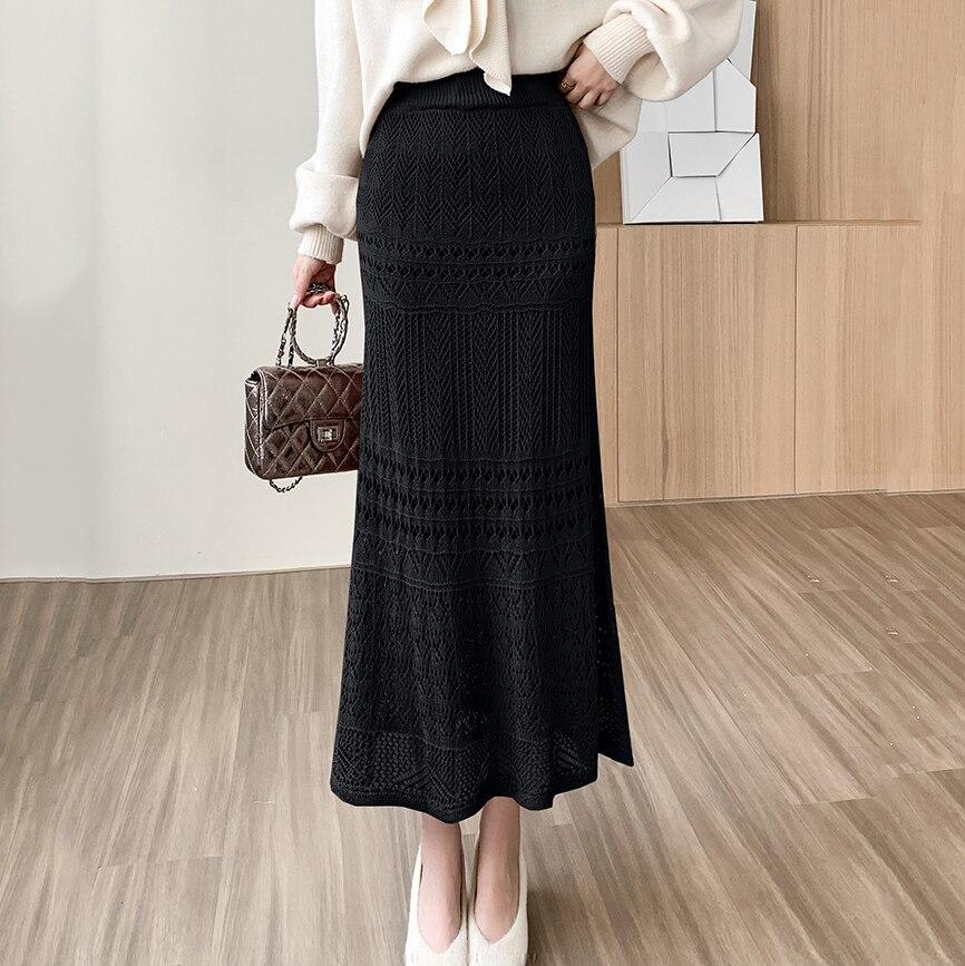 Qooth Women Lace Hollow Pencil Skirt Elegant Elastic Waist Midi Hip Skirt For All Season QT2205