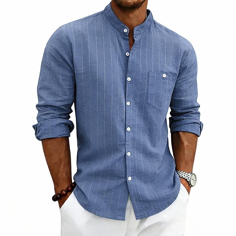 Mens Striped Linen Blend Stand Collar Long Sleeve Casual Shirt With Pockets