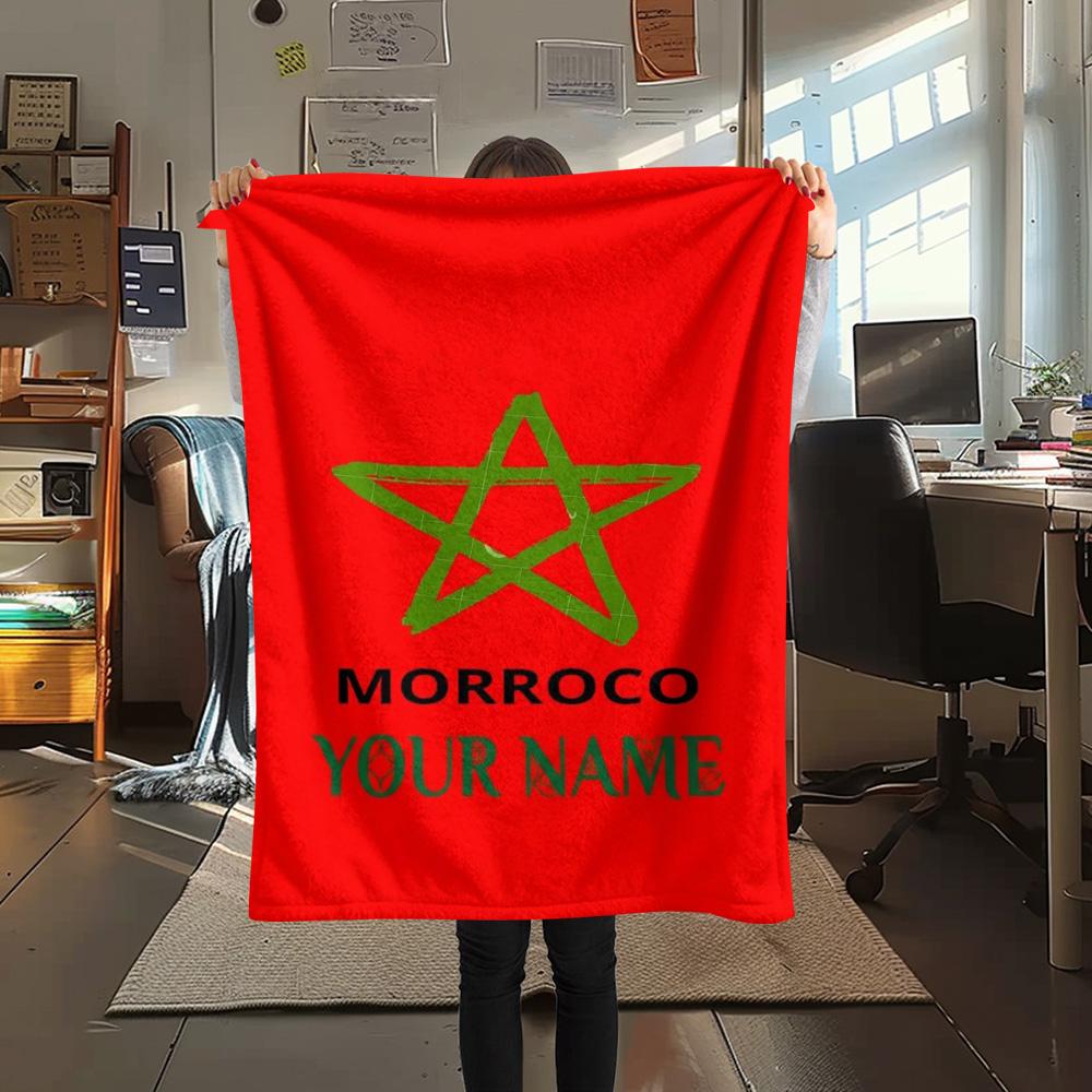 1PC Moroccan Football Crest Custom Name Patterned Flannel Blanket Suitable For All Seasons For Home Decor Warmth And Comfort Gifts Holiday Present