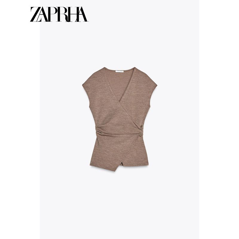 Zaprha2025 Summer New Unique Pin Decoration Texture Sleeveless Double Placket V-neck Shirts Top Women 3644177