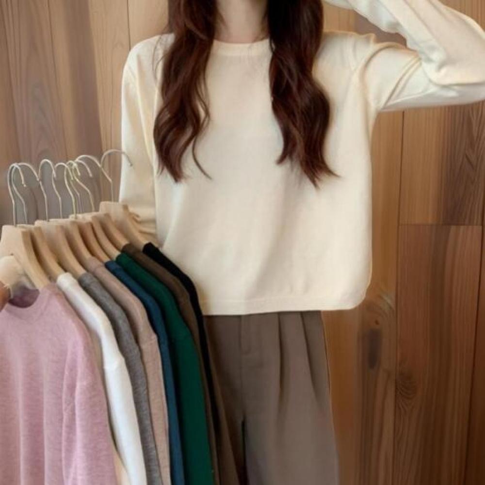 New Arrivals Open Run Women Colorful Semi Crop Round Neck Long Sleeve Knit