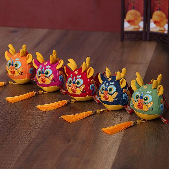 Cute Zodiac Dragon Plush Pendant with Tassel Folk Art Embroidery Pattern Stuffed Animal Mascot