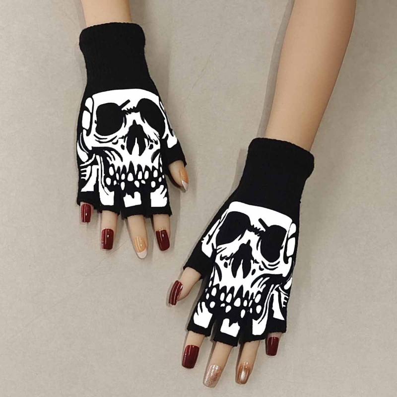 1 Pair Halloween Skull Luminous Knitted Finger Gloves Skull Ghost Claw Half Finger Adult Gloves Sports Riding Gloves