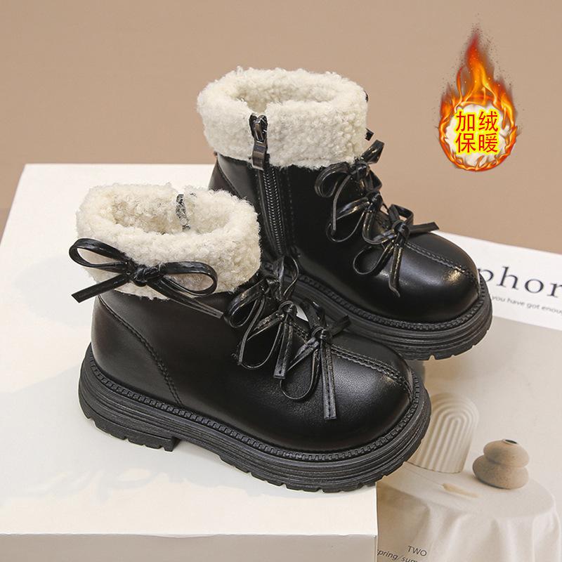 Girls' Velvet 2025 Martin Boots Korean Version Bow Fluffy Short Boots Medium and Older Children's Cotton Boots Thick-soled Princess Style Boots