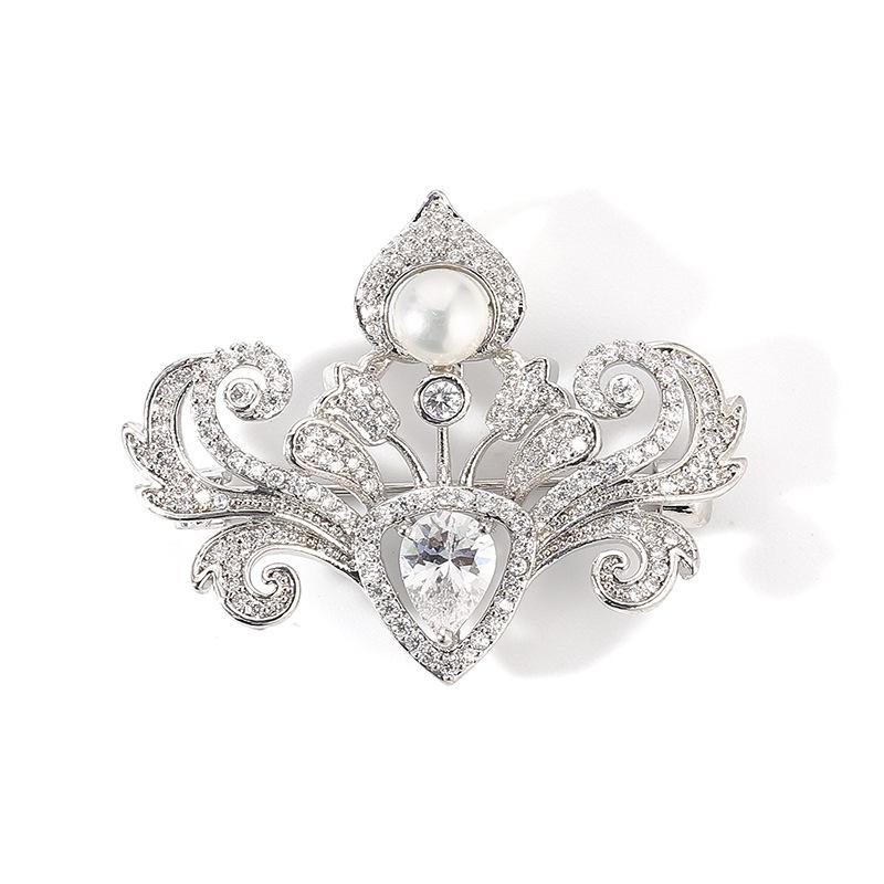 Bo Xin Yun Korean Style Zirconia Crown Brooch with Freshwater Pearl Pin Accessory