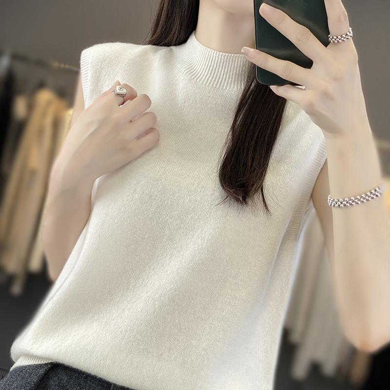 Women Tank 100% Wool Sleeveless MODERN NEW SAGA Spring Autumn T-shirt Turtleneck Knit Wool Top Soft Basic Vest Female