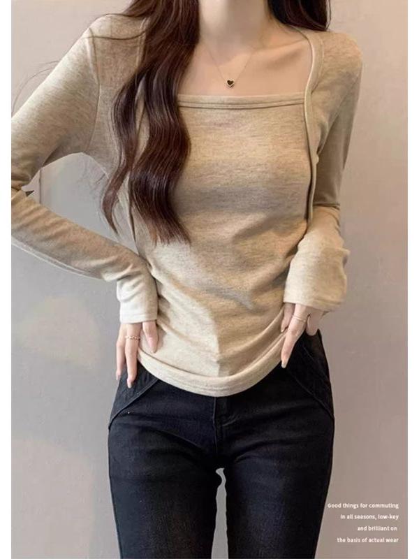 Long Sleeve Square Neck Slim Fit Clavicle Top with Velvet Lining for Women's Autumn/Winter