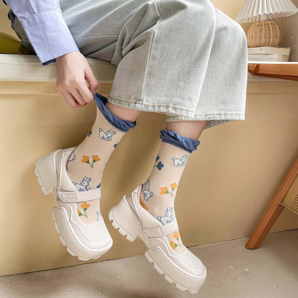 Blue Socks Flower Print Vintage Long Socks Women Japanese Fashion Harajuku Retro Streetwear Sweet Girls Kawaii Cute Crew Socks