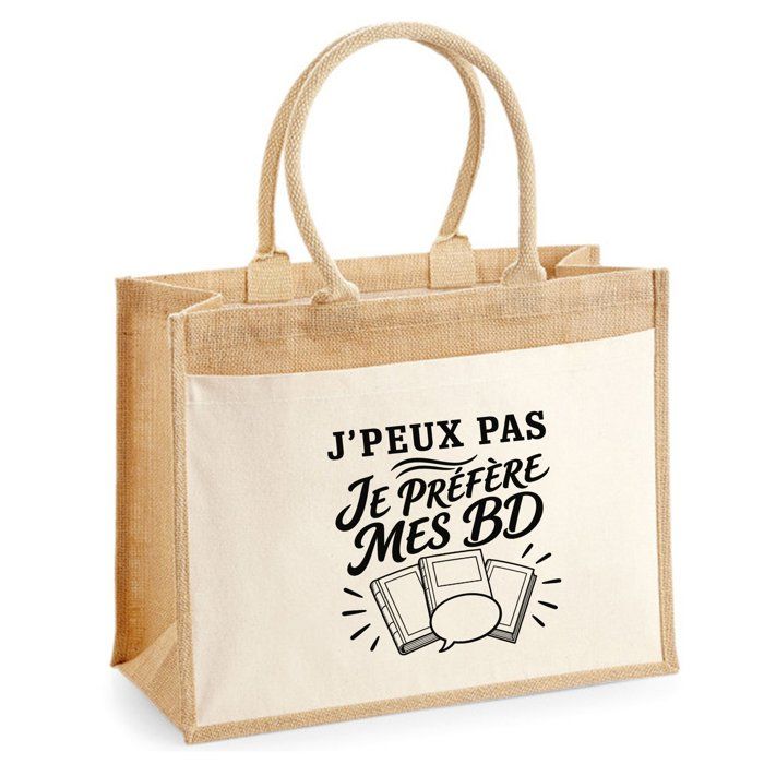 Sac cabas jute - PLANETEE - J'peux pas minimaliste - Toile jute et coton - 21 L (43×33×21 cm) - Illustration noire