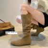 Cowhide version 0cm inner height increase~ two wear Korean pointed buckle with pleated middle tube stack boots women 0000 autumn and winter new