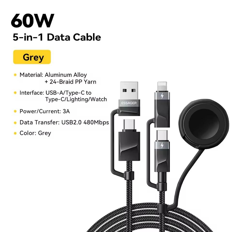 

Essager 5 в 1 многофункциональный кабель для зарядки USB Type C кабель Lightning для iPhone16 15 Huawei Watch беспроводное зарядное устройство для часов зарядное устройство 1m серый