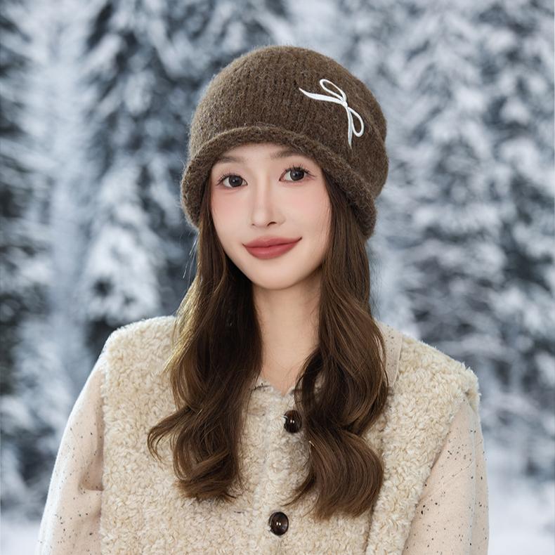 Female Sweet and Cute Bow Embroidered Drawstring Cold Hat Autumn and Winter Fashion Windproof Warm Wool Hat