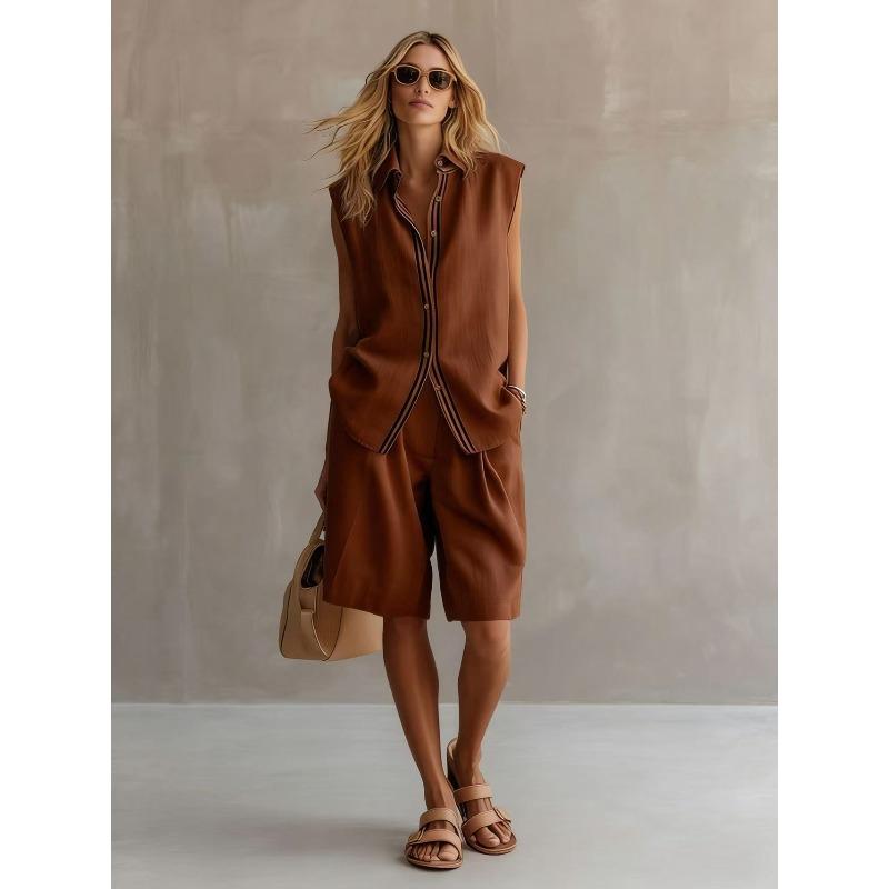 Summer New Style Fashionable Casual Two-piece Women's Single-button Sleeveless Shirt Set