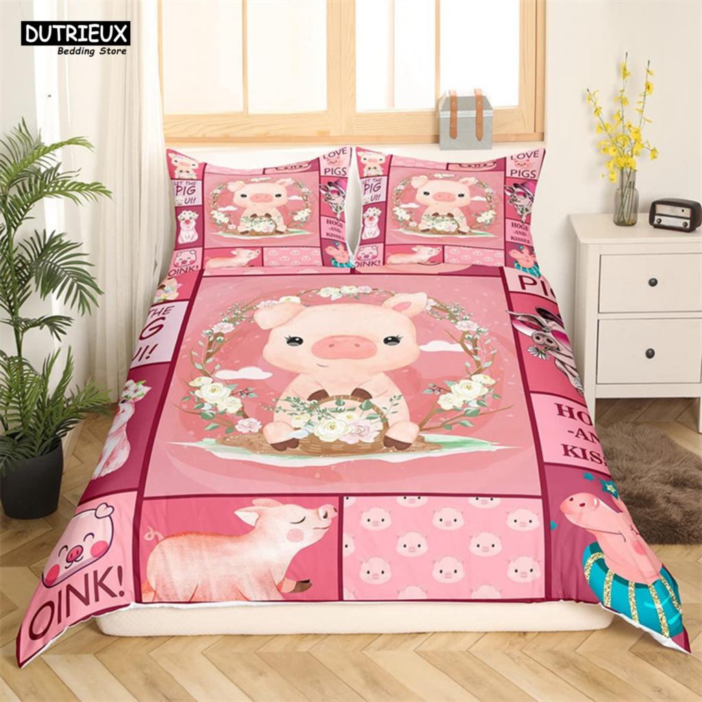 Cartoon Lovely Pig Duvet Cover Set Kawaii Animal Bedding Set King Microfiber Farmhouse Wildlife Theme Comforter Cover Pillowcase