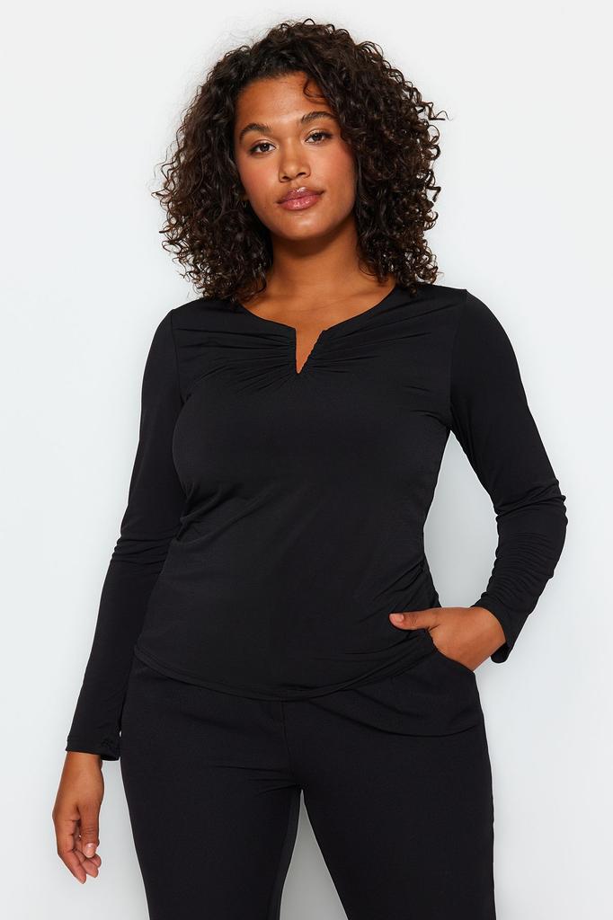  Women's Plus Size Blouse Black V-Neck Sandy Knitted Blouse