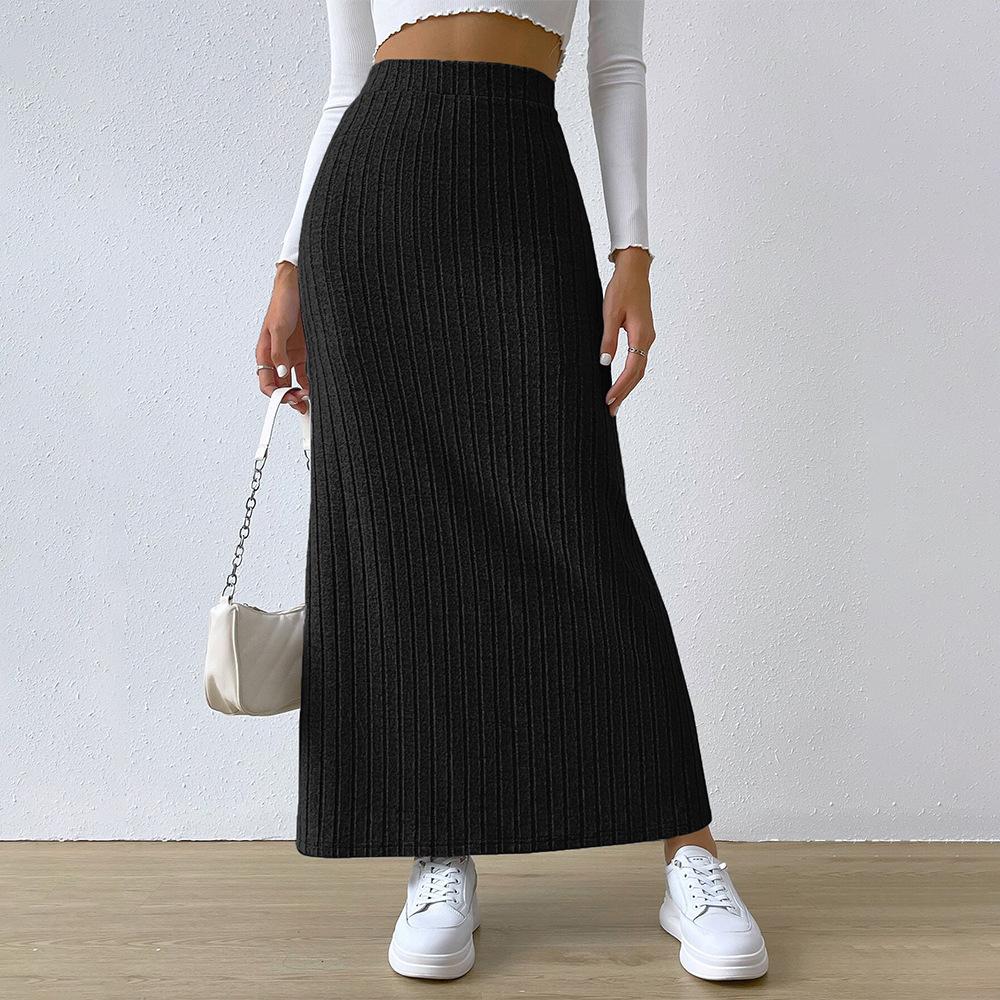 Fashionable Minimalist Women's Skirt, Spring/summer Grooved Strip A-line High-waisted Slit Long Skirt