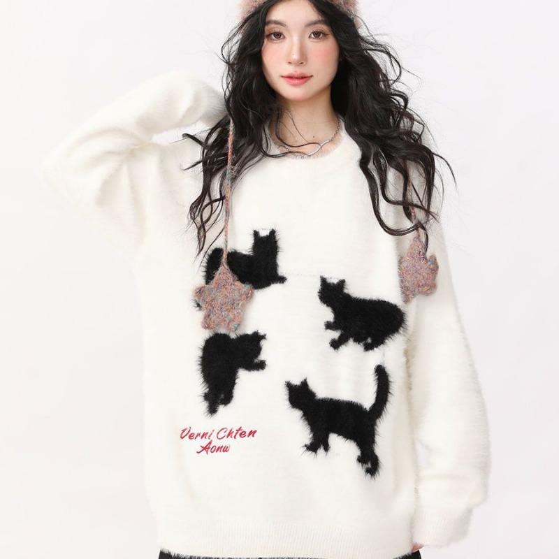 Women's Knitted Shirt with Cat Pattern Solid Color Long Sleeved Round Neck Woman Pullover Korean Loose Women Trendy Top