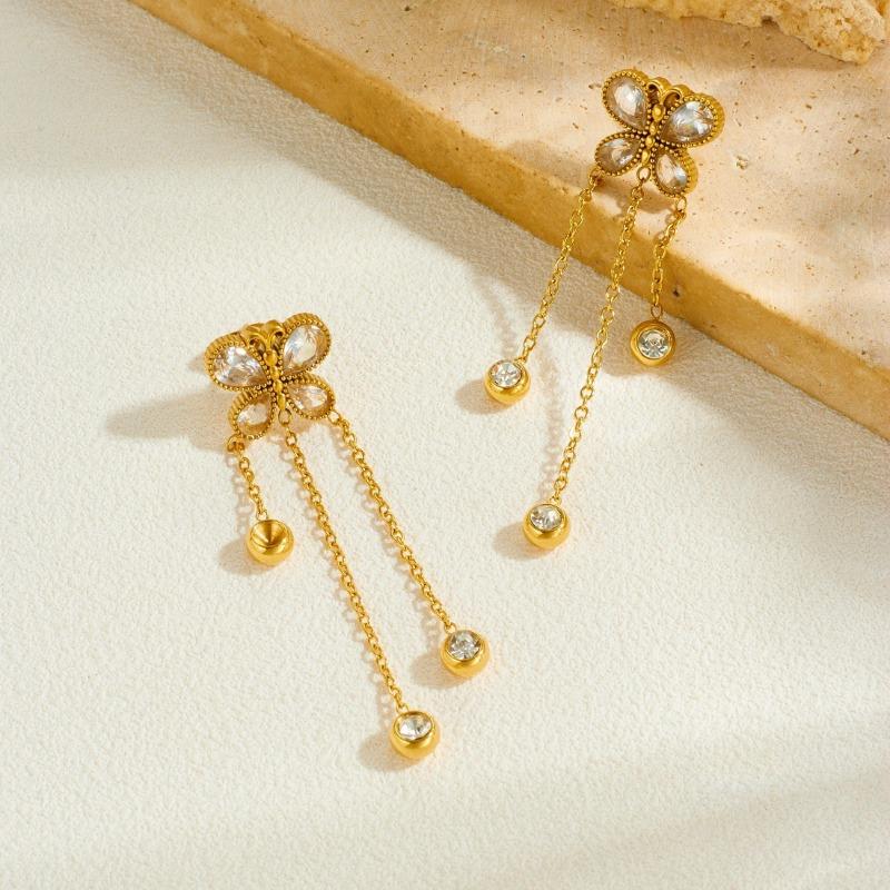 Gold Plated Stainless Steel Butterfly Earrings with Tassel & Clear CZ Drops for Women