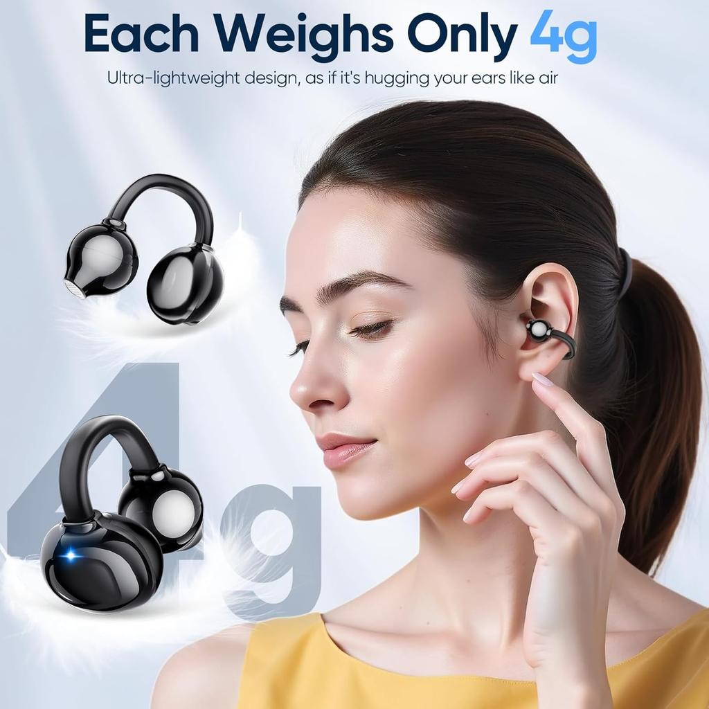 AI Clip on Earbuds Wireless Bluetooth 5.4 Earphones, Open Ear Headphones with Mic, 40H Play, Waterproof Design, 4g Ultra-Lightweight Sports Ear Clip