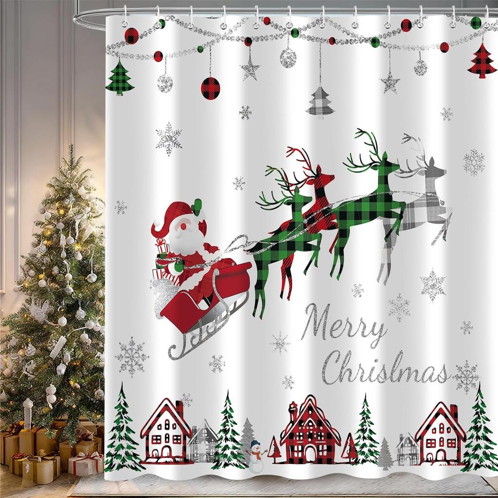 Christmas Tree Shower Curtain, Winter Colorful Cartoon Xmas Tree Cute New Year Bath Curtain Decor, Waterproof Bathroom Accessory