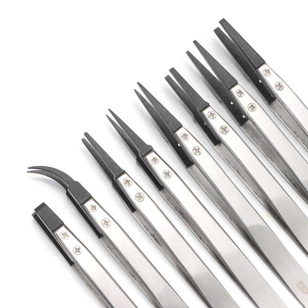 New Plastic Conductive ESD Tweezers Carbon Fiber Stainless Steel Replaceable Tips