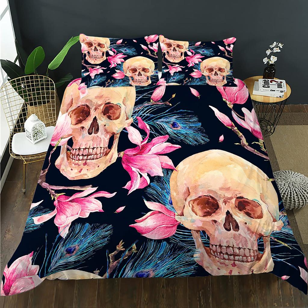 Schädel Rose Skelett Thema Bettbezug Set Polyester Bettdeckenbezug mit Kissenbezug für Kind Junge Teenager King Queen Size Bettwäscheset