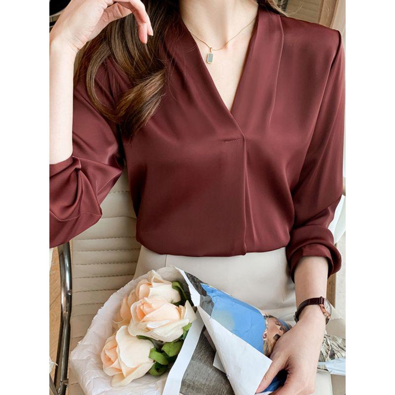 Fashion Style Spring and Autumn Work Clothing Ol Business Wear V-neck Slimming Pure Color All-Matching Fashion Long Sleeve Shirt Top Women