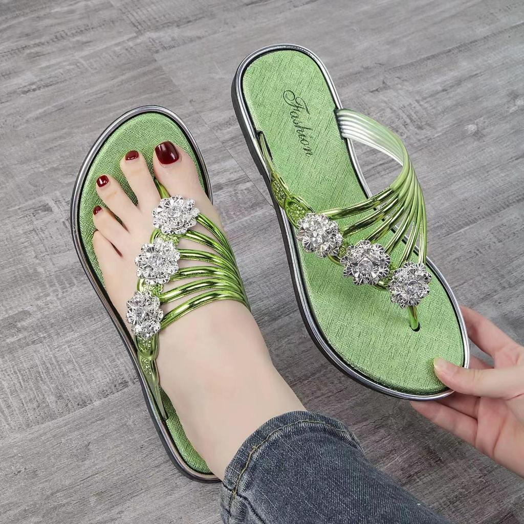 Damen Strass-Blumen Flip-Flop Sandalen - Lässige Sommer Strand Zehentrenner