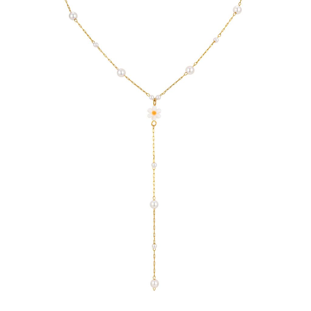 Cold Wind Temperament Collarbone Chain Female, Stainless Steel Size Imitation Pearl Flower Y-Shaped Necklace Nc-2189