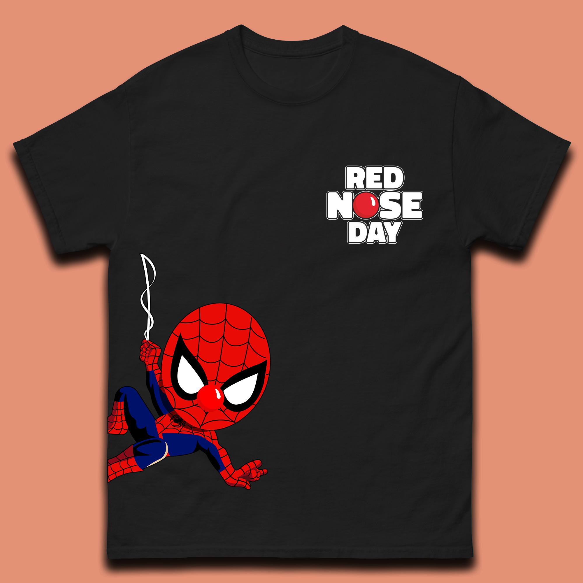 Spider Man Peeking Red Nose Day Mens T-Shirt Womens Tops Tees S