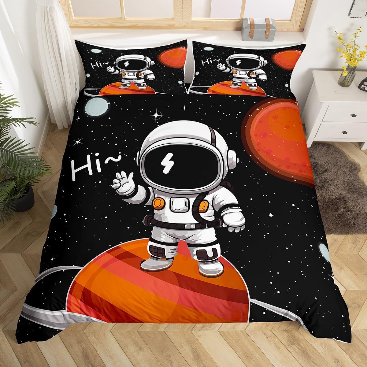 

Cartoon Astronaut Duvet Cover Outer Space Planet Bedding Set Queen Sketch Illustration Starry Sky Comforter Cover for Kids Boys EU Single(135*200cm)3pcs