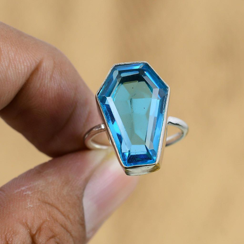Wedding Gift For Her 925 Silver Natural Swiss Blue Topaz Multi Stone Ring Size 8