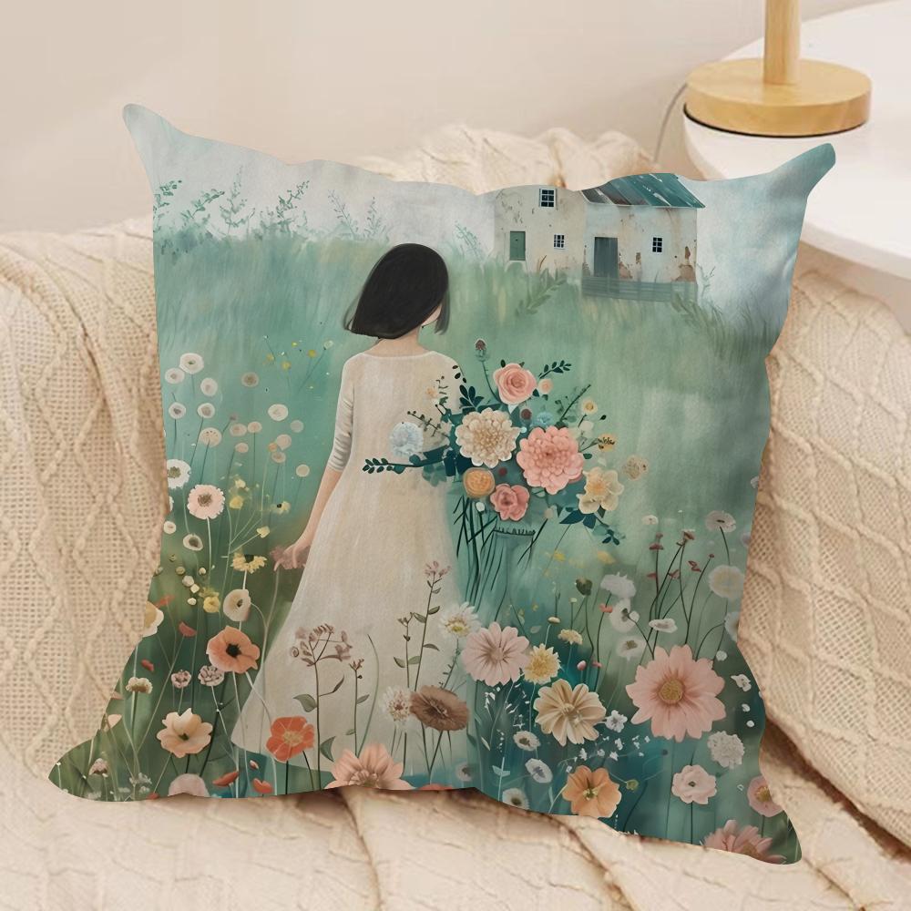The girl is holding flowers Cushion Cover Soft Plush DoubleSided Printed Sofa Pillow Cushion Cover  Cozy AllSeason Decor Gift
