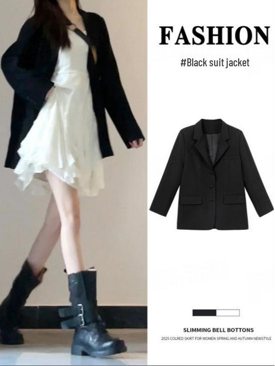Women's Black Regular Fit Shoulder Suit Jacket - Autumn/Winter Loose Casual Korean Style with High-End Feel