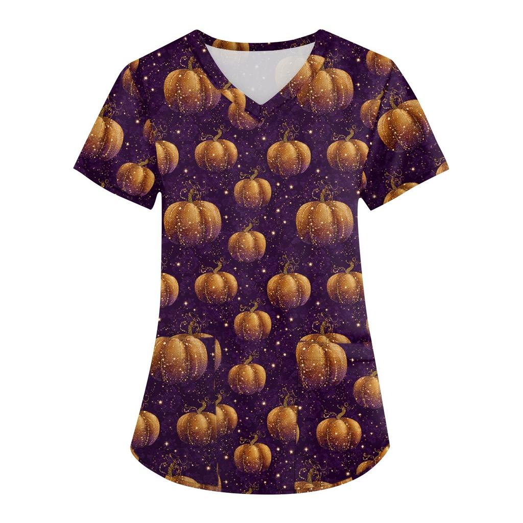 Women's Printing Uniform Work Uniform V-neck Pockets Basic Short Sleeve Pullover Top