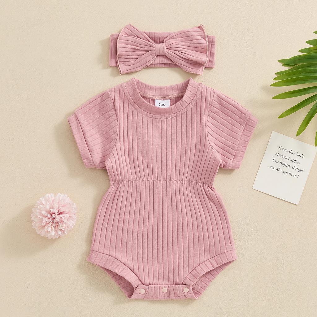 Citgeett Summer Newborn Girl Outfit Short Sleeve Solid Bodysuit Bowknot Headband Jumpsuit Casual Clothes