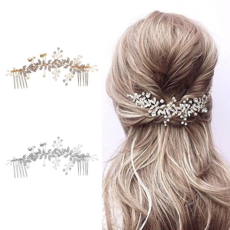 Pearls Rhinestones Hair Comb Bridal Hair Accessories Tiaras Leaf Hairpin For Bride Wedding Party Prom Event Hair Jewelry