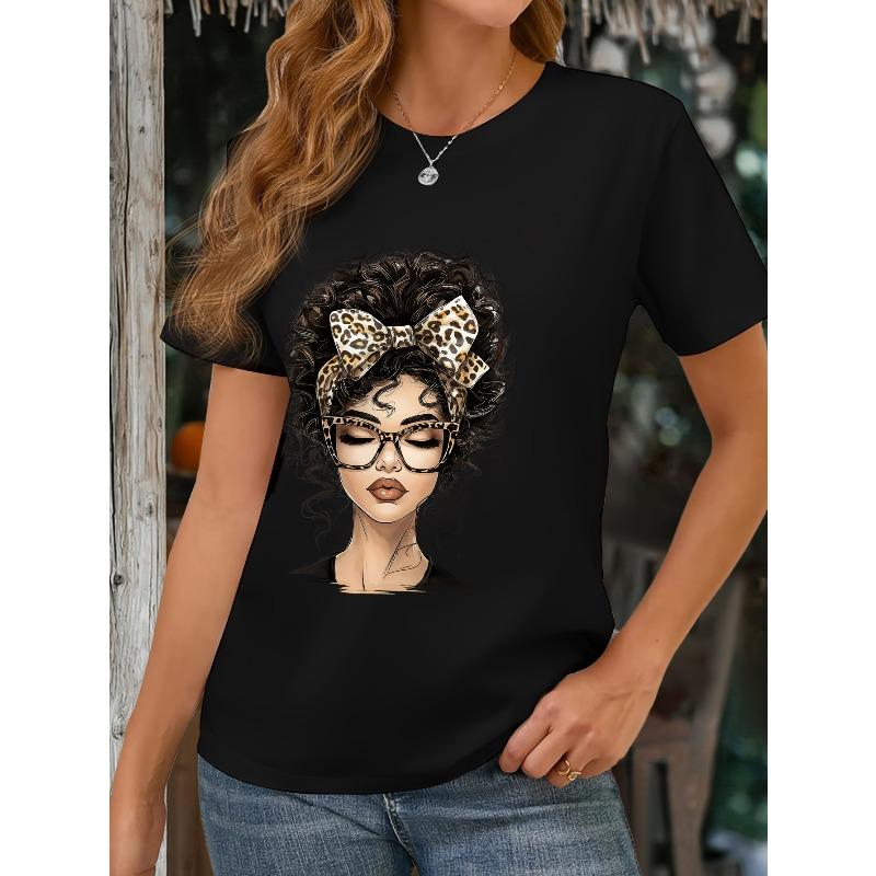 

European Size Women s Casual Printed T-Shirt with Fashionable Design of Curly Hair and Leopard Bow, Suitable for Casual Attire in Spring Summer Autumn 4XL